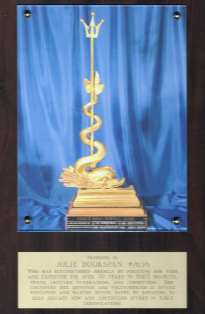 ALT =[“Dr. Jolie Bookspan earned the Dr.Brown award for dedication to research and education in underwater medicine, hyperbarics, and SCUBA: More on Dr. Bookspan's Classes page - http://drbookspan.com/classes]